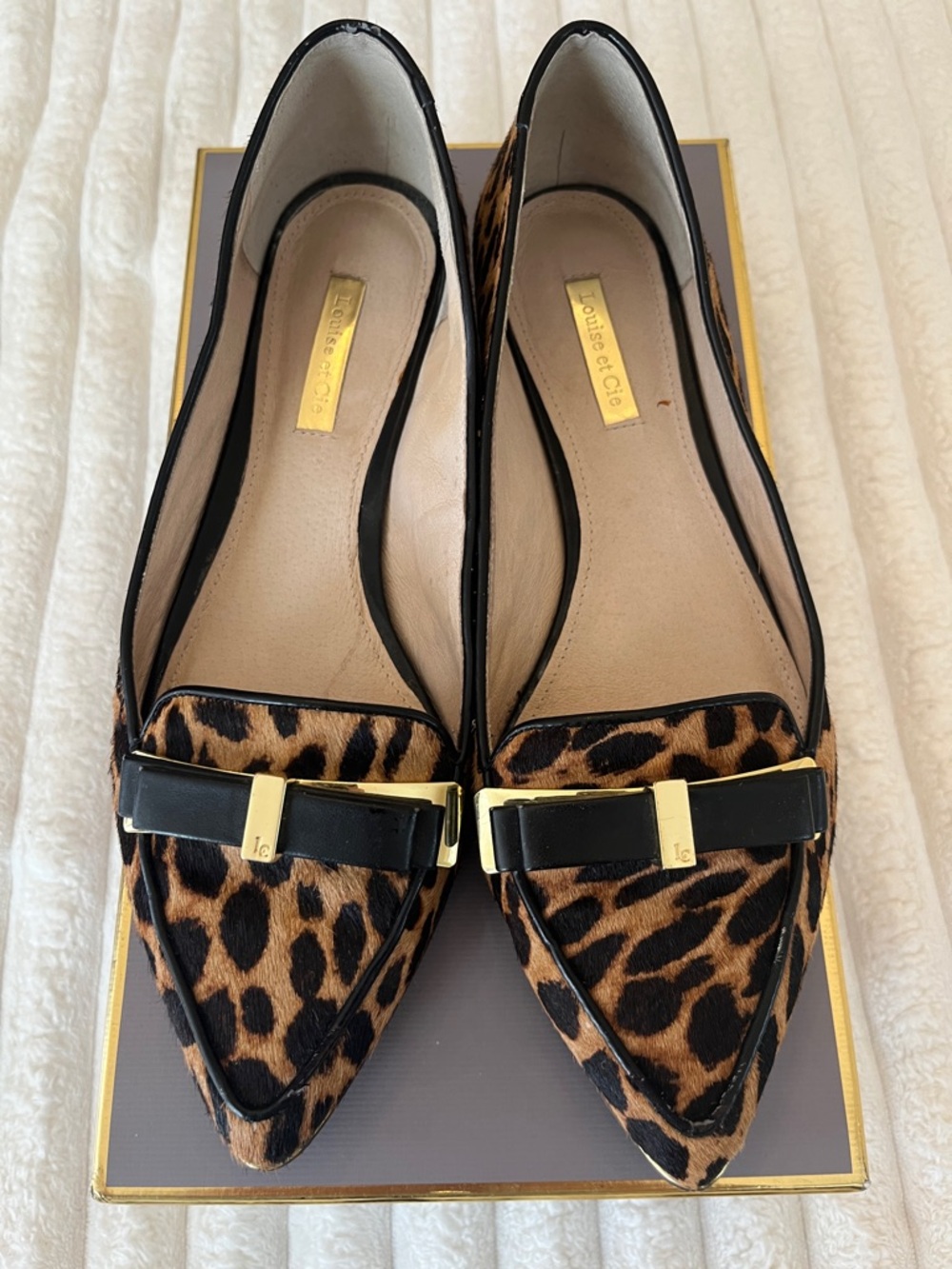 Louise et Cie Leopard-Print Pointed Toe Flats with Black Bow & Gold Accent - Picture 2 of 7